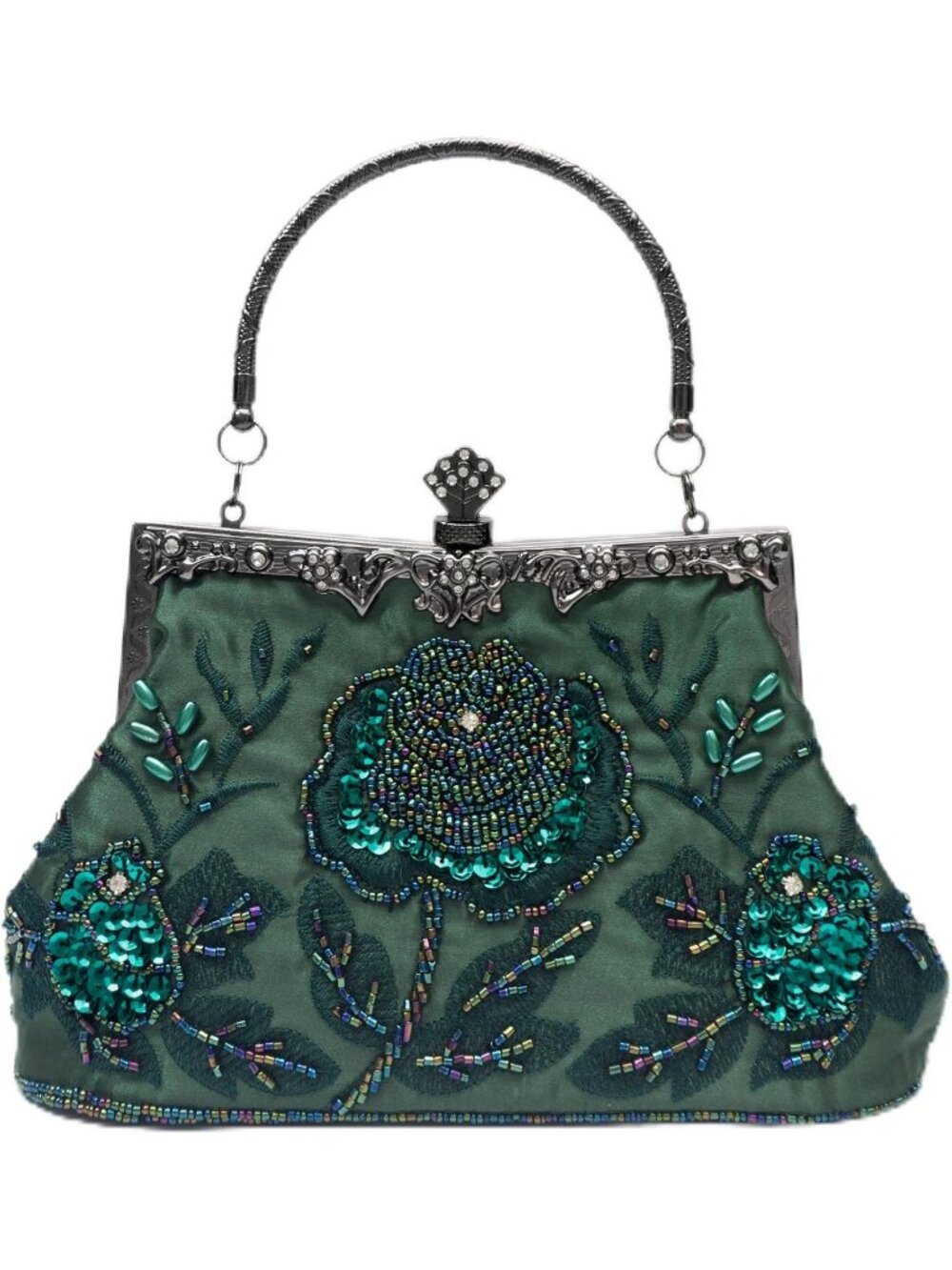 Womens Green Beaded Rose Sequin Kiss Lock Frame Top Handle Evening Bag Clutch